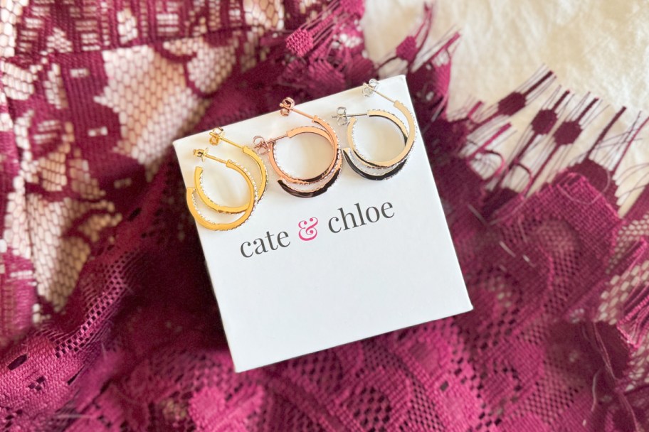 rose, yellow, and white gold hoop earrings on box