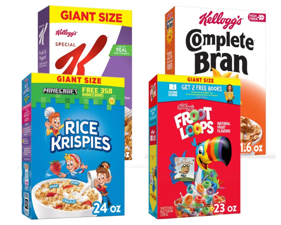 four giant size cereal boxes