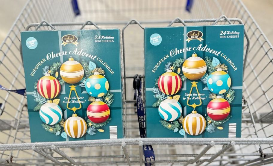 two holiday mini cheese advent calendars in a sams shopping cart