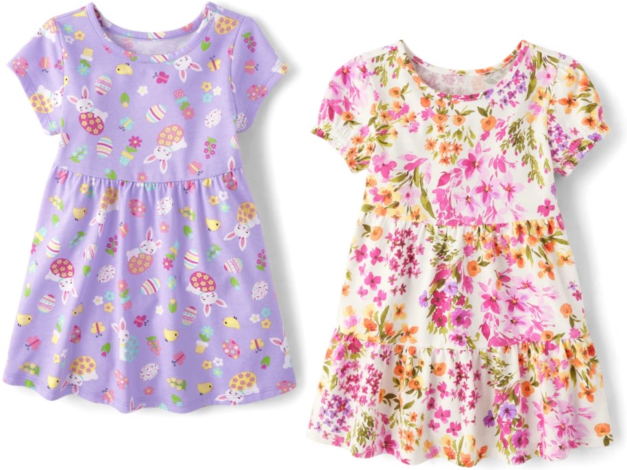 a girl's purple dress Easter eggs and bunnies and a pink and yellow floral dress