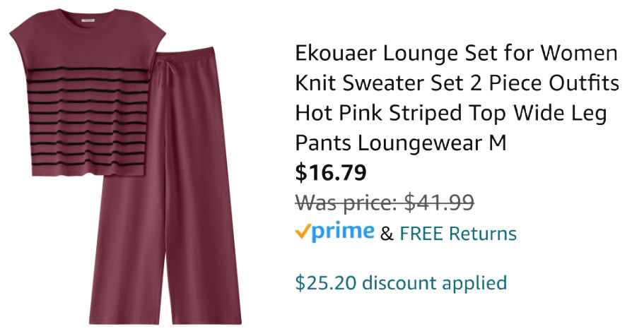 berry colored lounge set next to Amazon pricing information