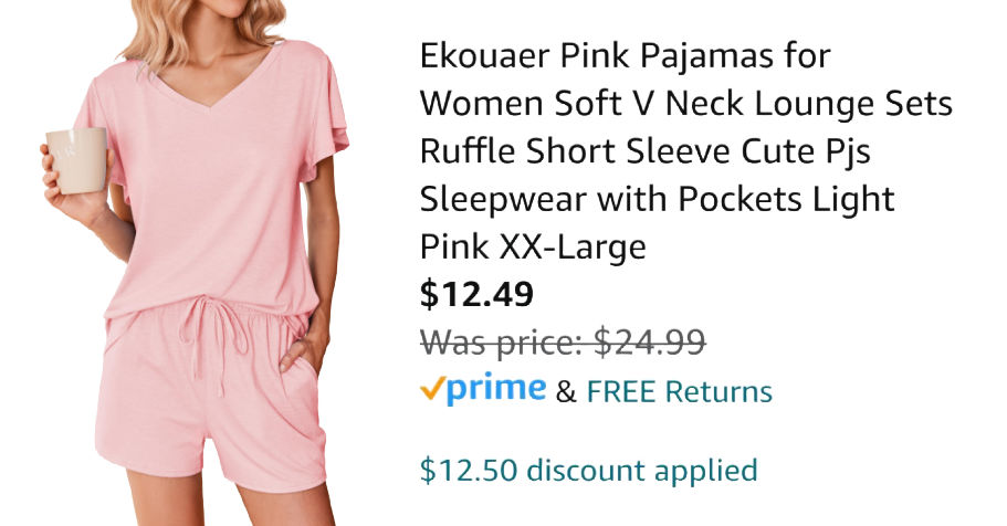 woman wearing pink pajamas next to Amazon pricing information