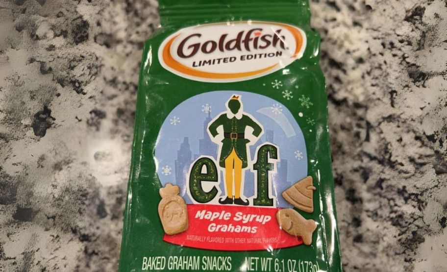 a bag of elf maple syrup flavored goldfish crackers on a kitchen countertop