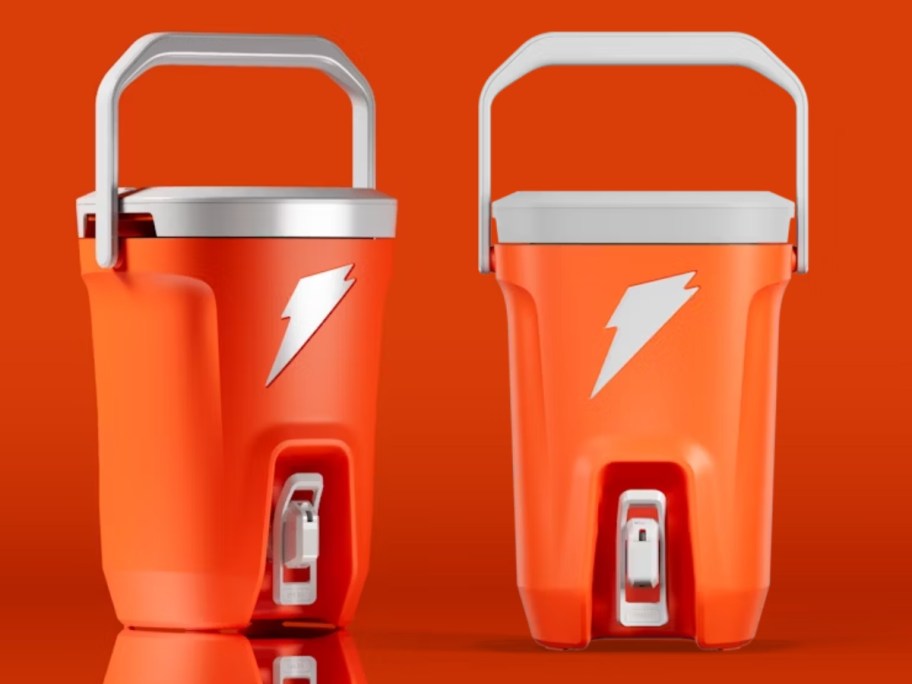 2 large orange and white Gatorade drink coolers on an orange background