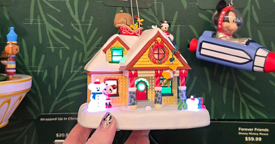 hand holding disney house ornament 