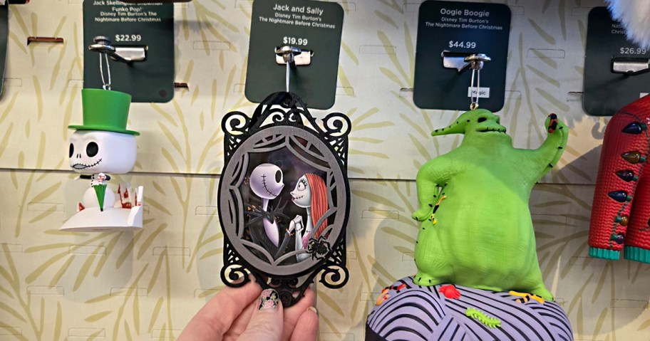 nightmare before christmas ornaments hanging in store