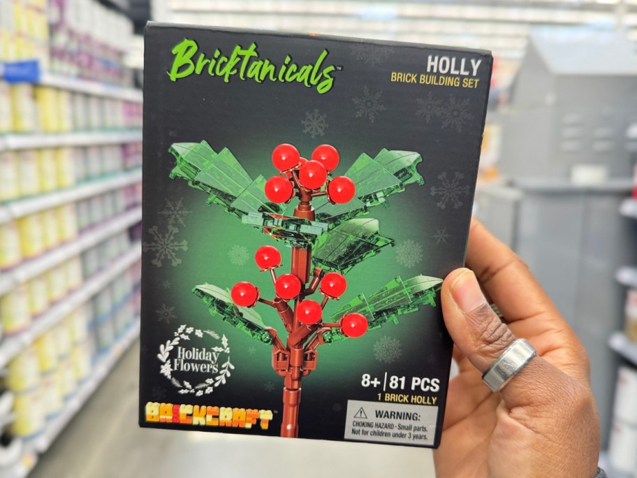 hand holding Brickcraft Bricktanicals Holiday Flowers Holly Building Kit 81 Piece Set