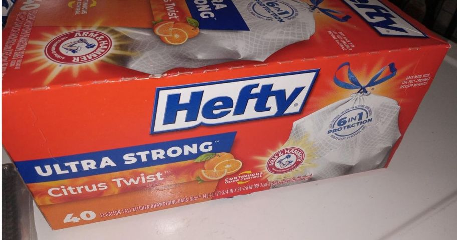 Hefty Ultra Strong 13-Gallon Trash Bags 40-Count Box - Citrus Twist on counter