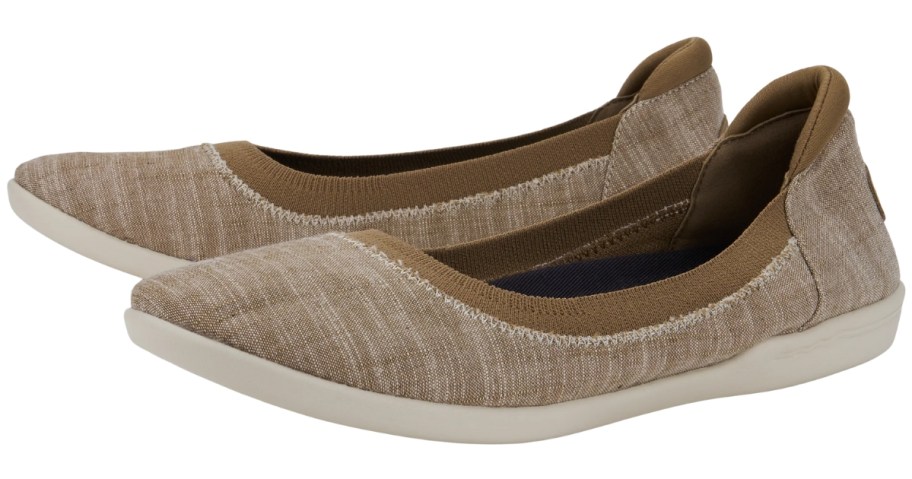 women's tan and white slip on HEYDUDE flats