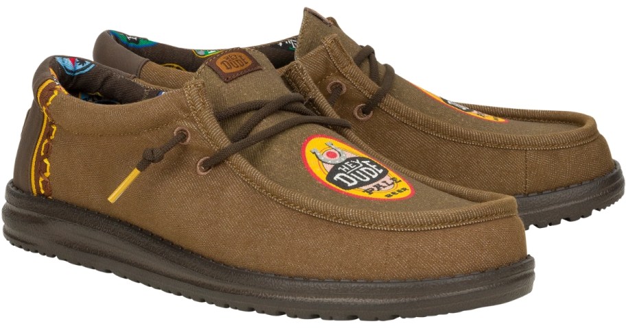 men's brown HEYDUDE shoes with Hey Dude logo on the front