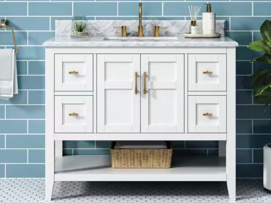 white vanity in bathroom 