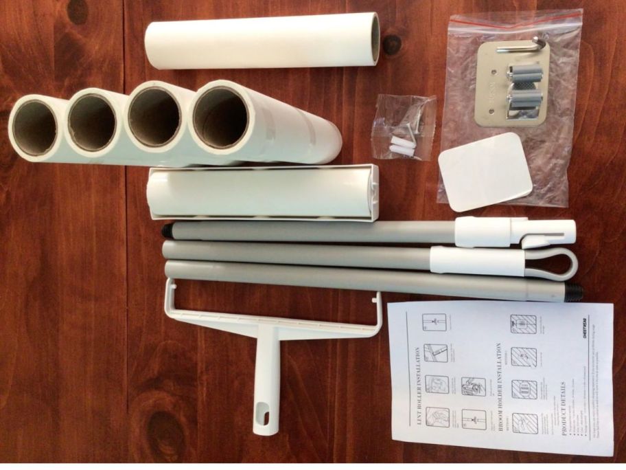 lint roller bundle items including refill rolls and mounting bracket