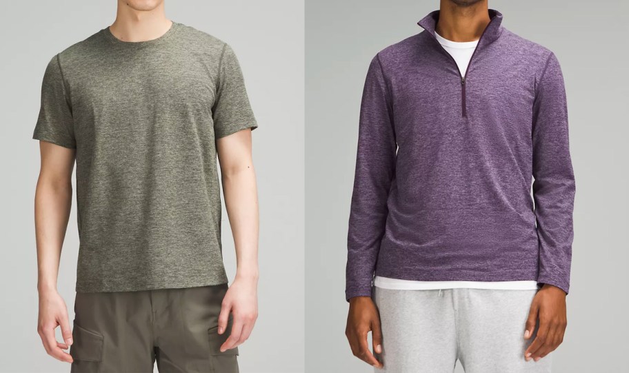 men in heathered green and purple tops