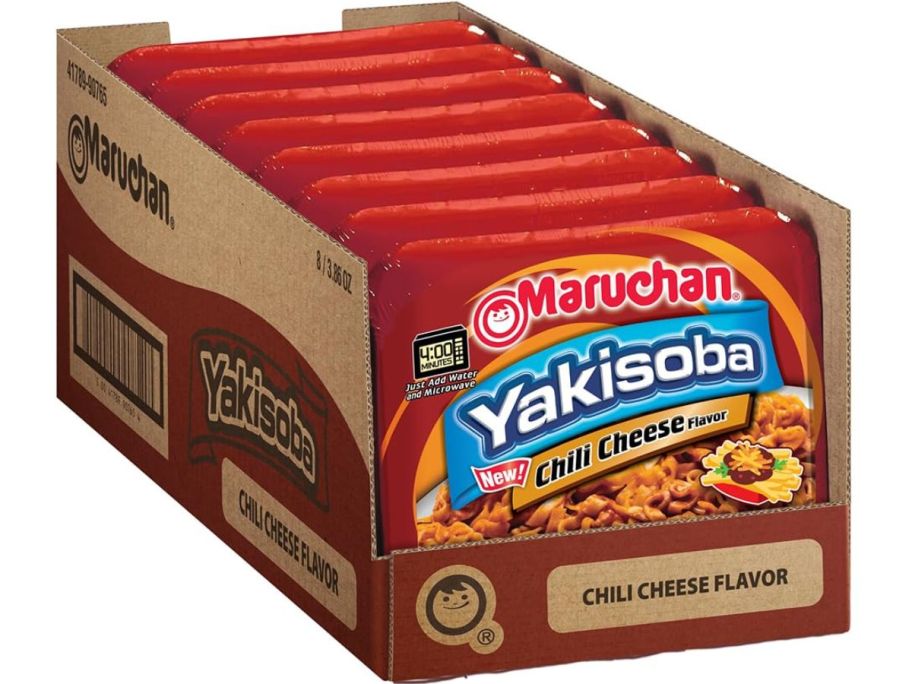 an 8 pack of chili cheese flavored yakisoba noodles stock image