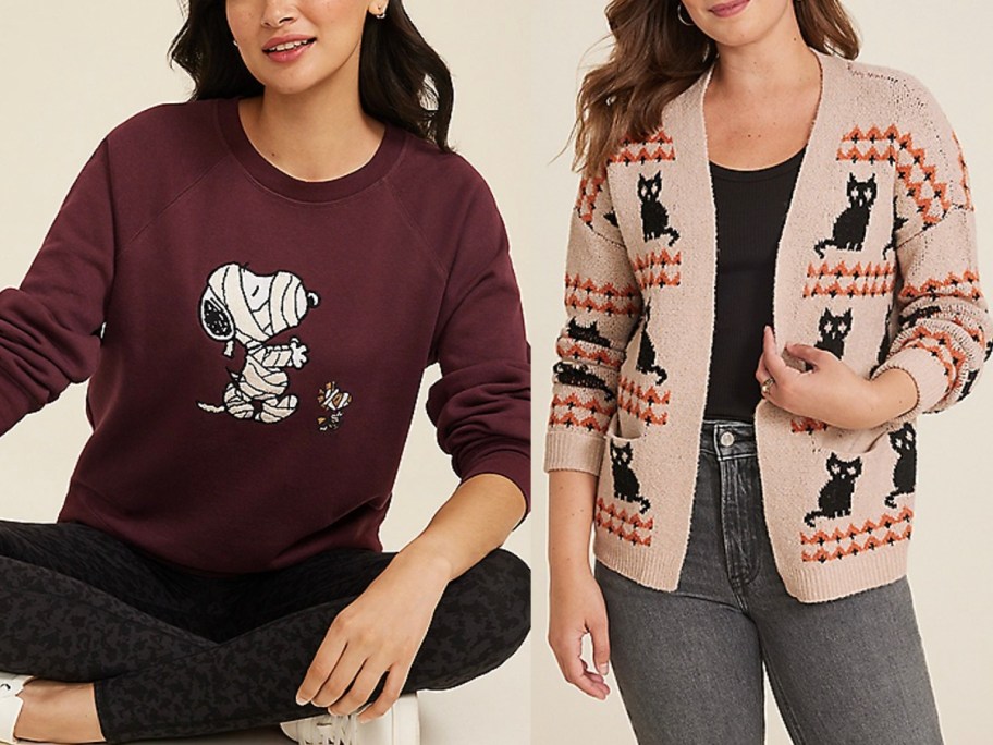 two women wearing maroon snoopy sweater and cat cardigan 