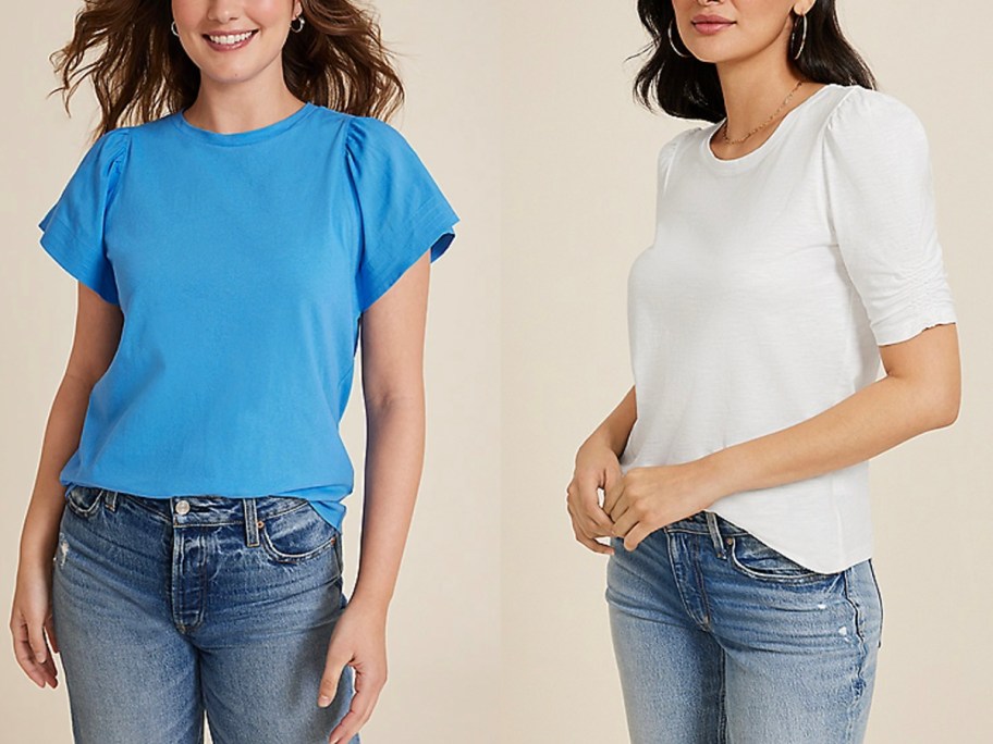 two women wearing blue and white tees 