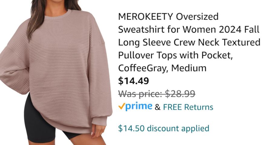 woman wearing tan sweatshirt next to Amazon pricing information