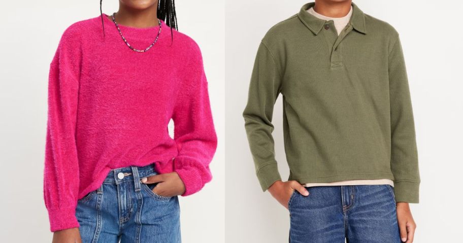 girl and boy wearing old navy sweaters