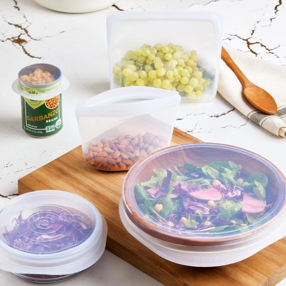 clear stasher bags and lids on cutting board