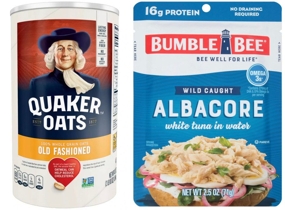 quaker oats container and bumble bee albacore tuna pouch