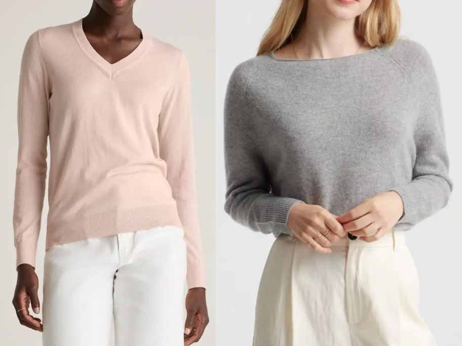 two women in light pink and grey cashmere sweaters