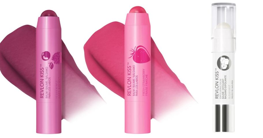 berry burst, fresh strawberry, and sugar mint revlon kiss balm stock images