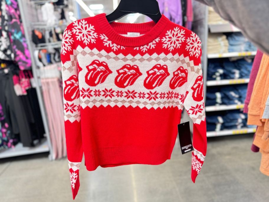 a little kids red and white rolling stones sweater