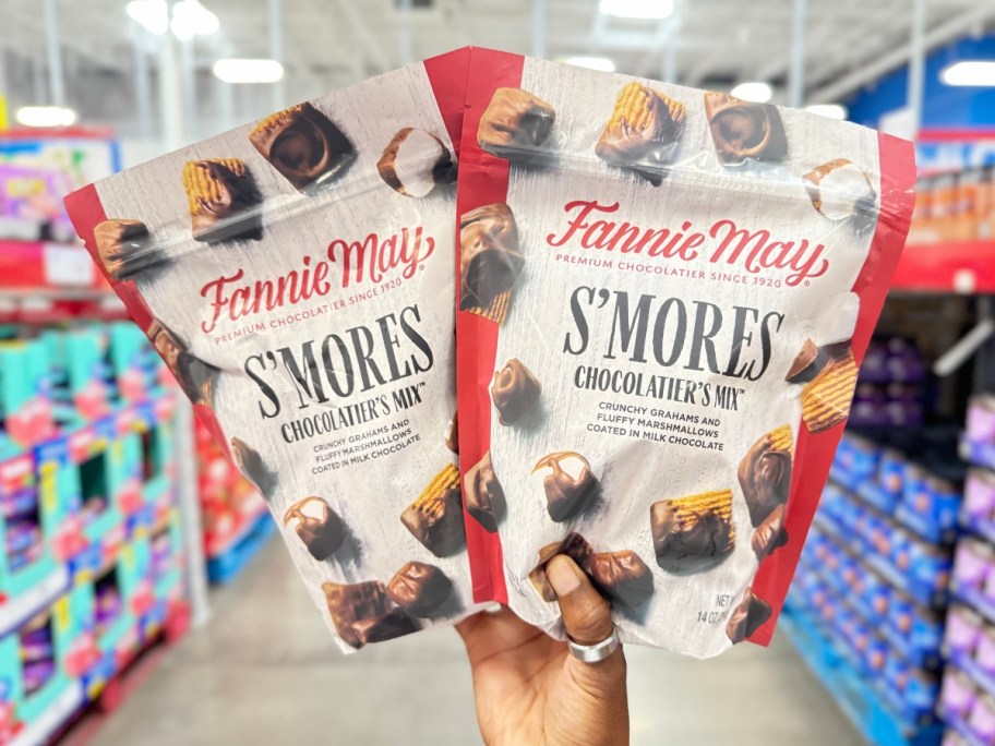 hand holding 2 bags with Fannie May S'mores Chocolatier's Mix candy in them