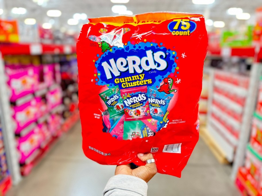 hand holding a large red bag of Nerds Holiday Gummy Clusters Treat Size, 