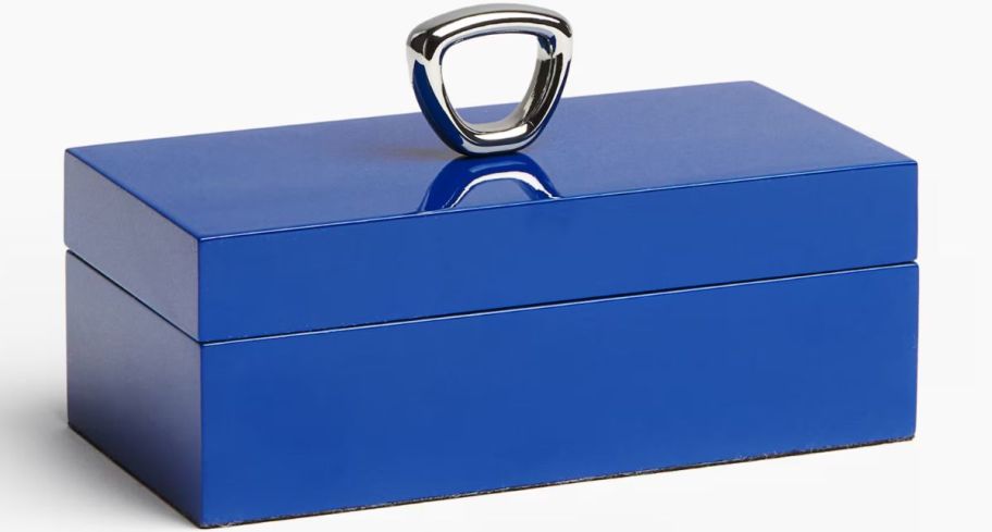blue rectangle storage box with silver knob