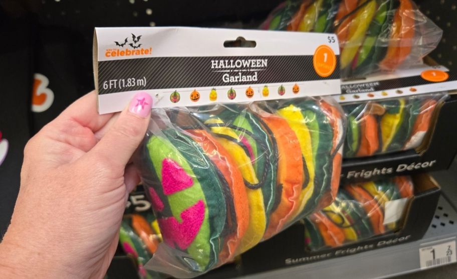 a woman's hand holding a package of summerween jack o lantern garland