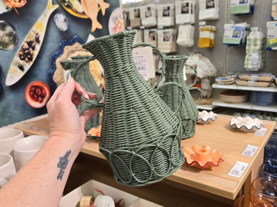 green Threshold Small Rattan Vase in hand in store