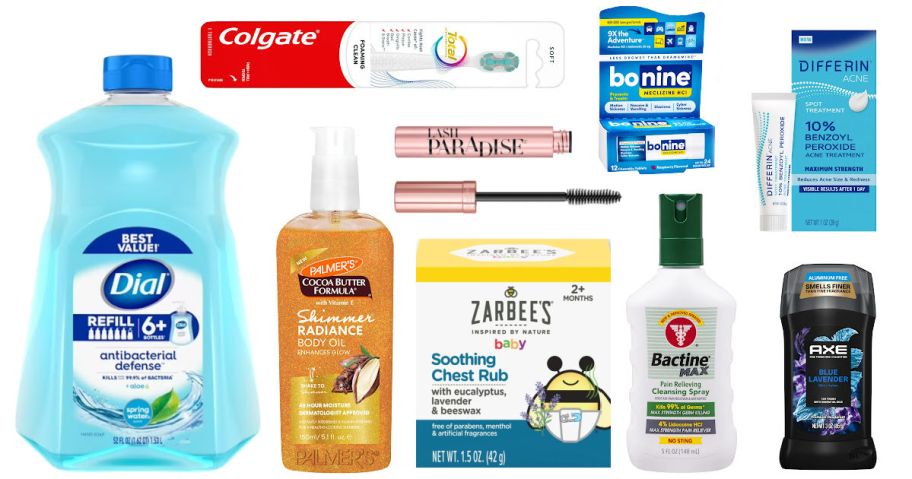 9 personal care items on a white background