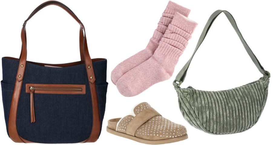 2 handbags, a pair of socks, and tan slippers on a white background