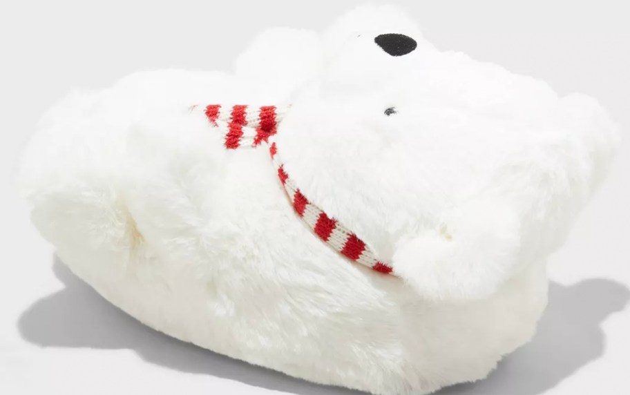white polar bear slippers with red scarf 