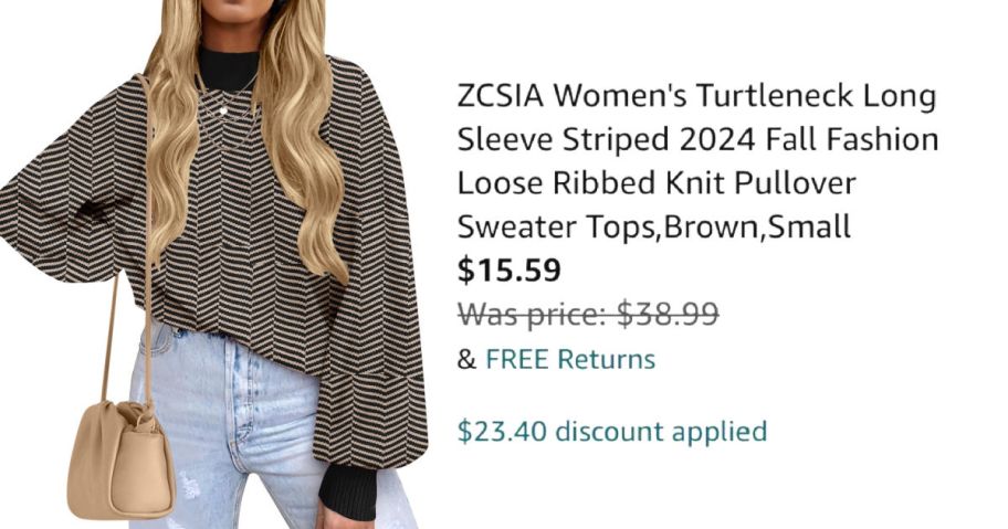 woman wearing black striped sweater next to Amazon pricing information