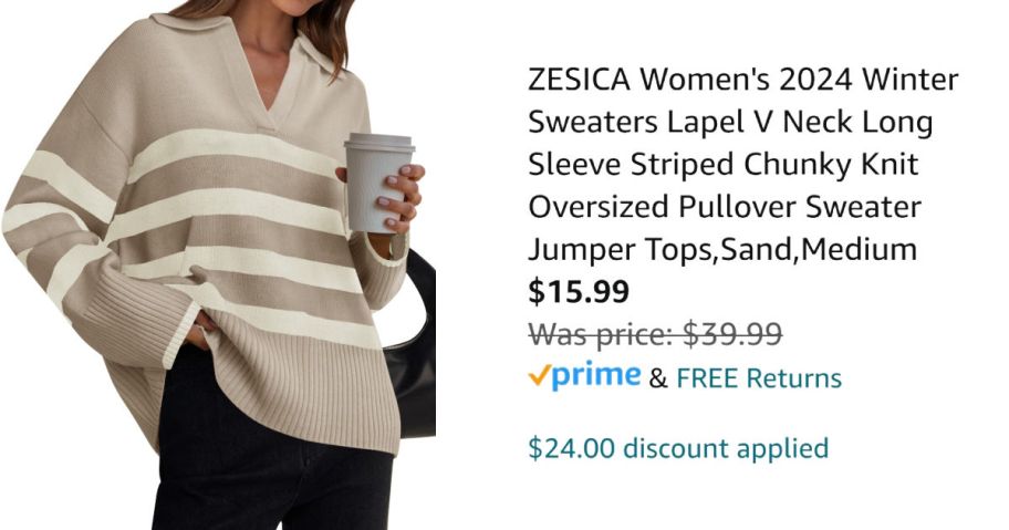 woman wearing striped sweater next to Amazon pricing information