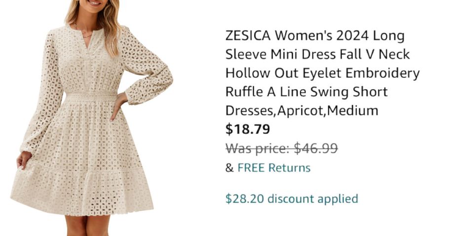 woman wearing eyelet dress next to Amazon pricing information