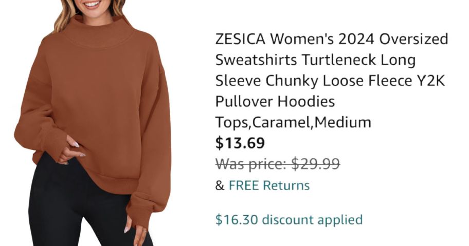 woman wearing caramel color sweater next to Amazon pricing information