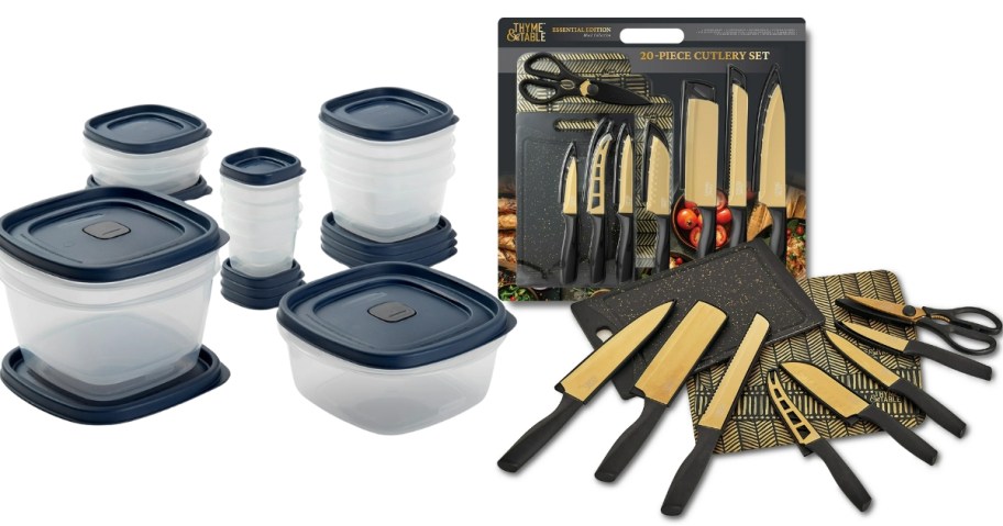 a Rubbermaid set of clear food storage containers and a set of black and gold knives with cutting boards 
