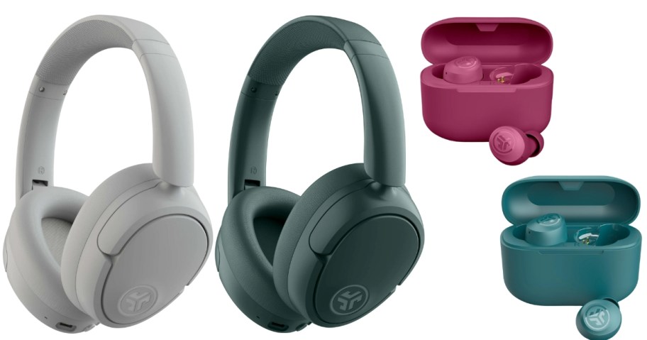grey and green Jlab headphones and pink and teal green Jlab earbuds with charging cases