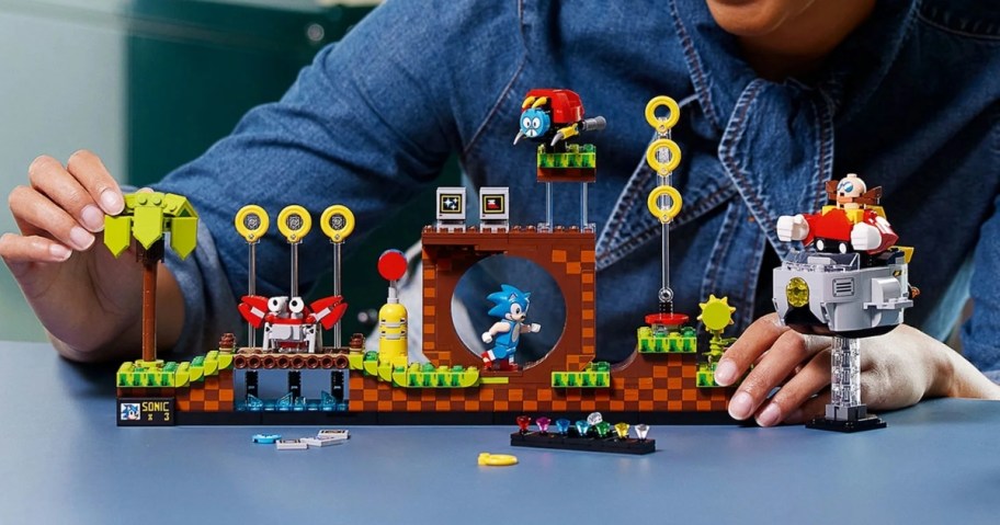 person playing with a Sonic the Hedgehog LEGO set