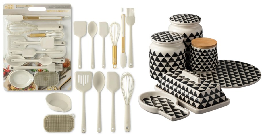 a set of cream color cooking utensils and a package they come in, a set of black and white ceramic kitchen canisters, trivet, spoon rest and butter dish