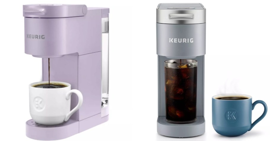 a purple Keurig coffee machine and a grey slim Keurig Coffee machine