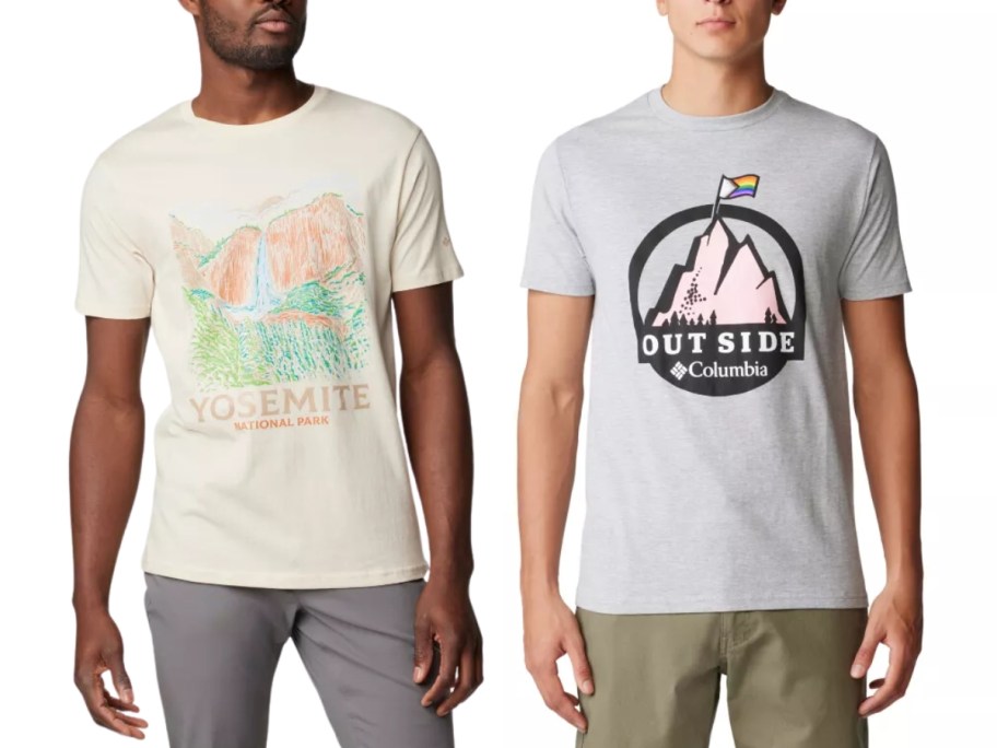 men wearing Columbia logo tshirts, one has Yosemite on it, the other has a mountain on it