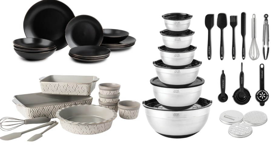 a black dinnerware set, a white and grey bakeware and kitchen set and a set of stainless steel mixing bowls and kitchen utensils