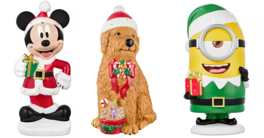 blow mold holiday decor - Mickey Mouse, a golden retriever dog in a Santa hat, and a Minion