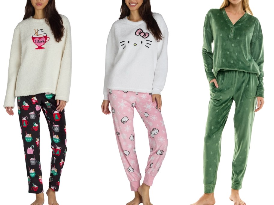 women wearing plush pajama sets, one is a Christmas print, one is Hello Kitty and one in green velour