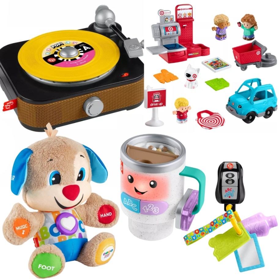 an image with several Fisher Price kids toys: a toy record player, a Target Shopping Little People Playset, an interactive musical stuffed puppy, a toy Coffee Tumbler, and a toy Keyfob and keychain 