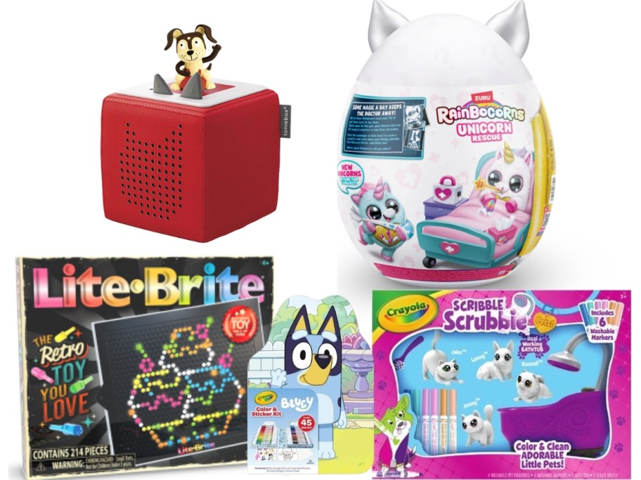 a red Tonies audiobox with a figurine on top, a Rainbowcorn mystery egg, Lite Brite set, Bluey art kit, and Crayola Scribble Scrabble set